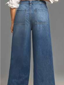 Retro Patchwork Slant Pocket Elastic Waist Wide Leg Women Jeans, European And American Style