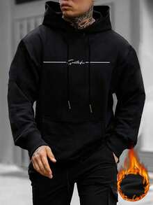 Plus Size Men's Casual Street Floral Font "Grateful" Slogan Minimalist Print Thermal Lined Hoodie, Autumn/Winter, Long Sleeve Top - Black - View 1