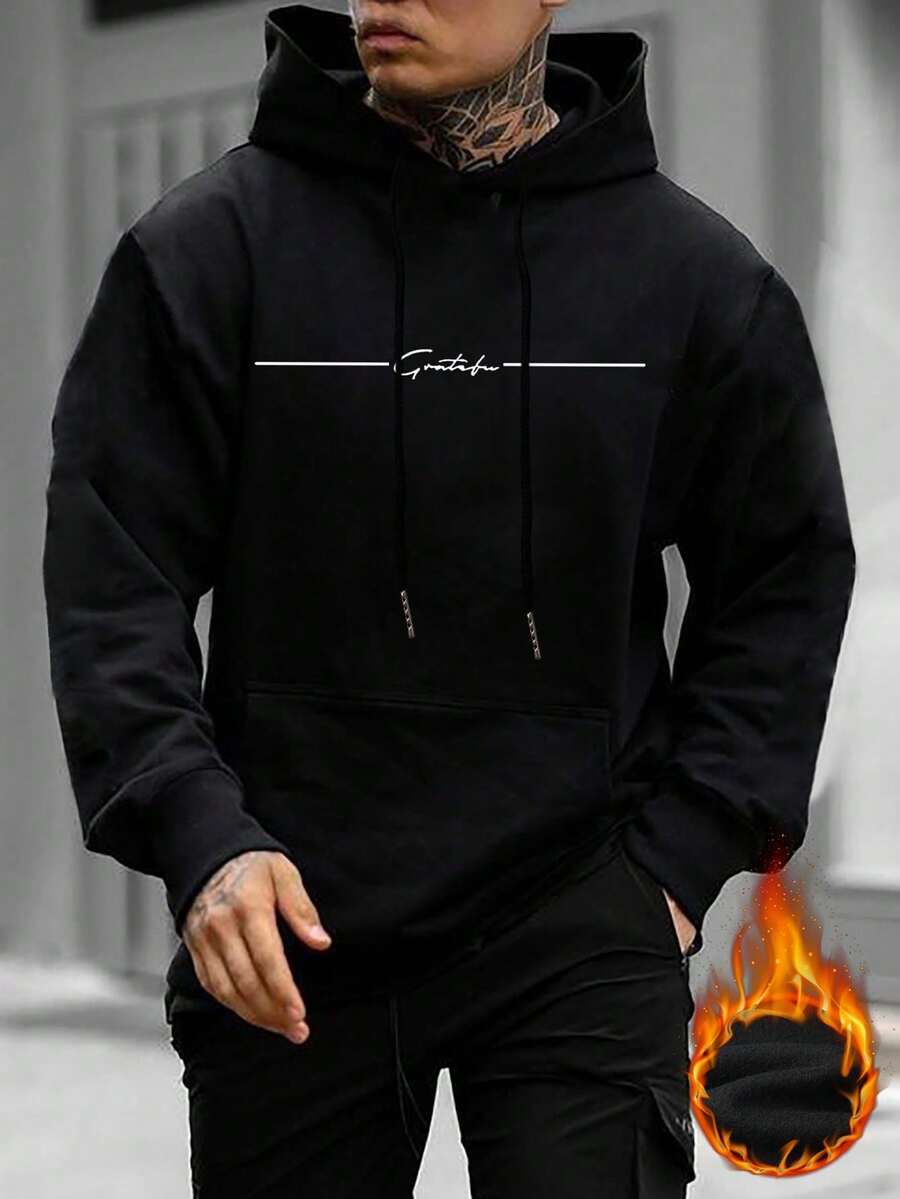 Plus Size Men's Casual Street Floral Font "Grateful" Slogan Minimalist Print Thermal Lined Hoodie, Autumn/Winter, Long Sleeve Top - Black - View 1