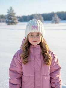 1顶女童刺绣蝴蝶结针织帽，时尚幼儿女童秋冬季针织帽，保暖儿童针织帽，白色儿童冬帽 - 1PC - 查看 10