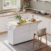 Kitchen Island With Folding Countertop, Kitchen Cabinet With 6 Adjustable Wheels, With Shelf, Door Organizer, 2 Large Drawers And Cabinet, Black, 137 X 89.5 X 45 - 自然色+白色+MDF+歐式 - 查看 8