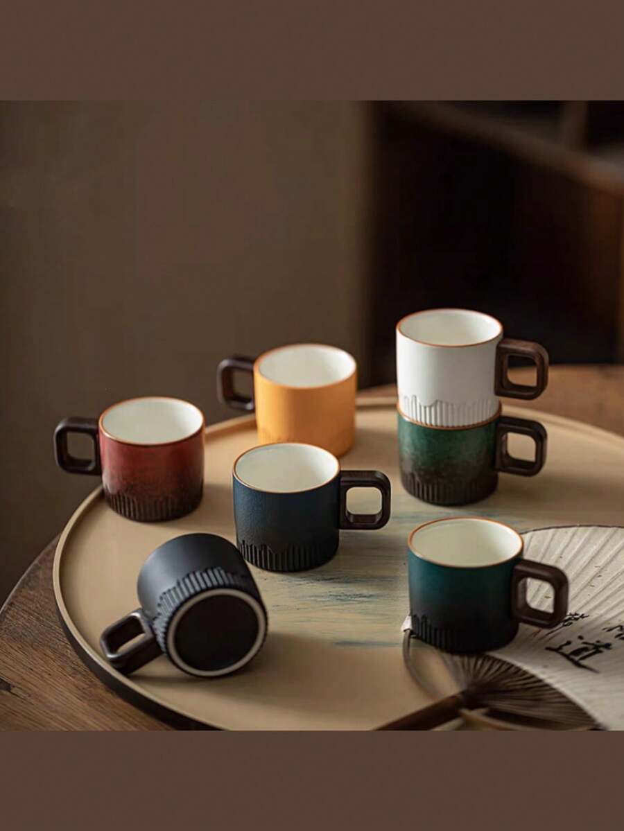 Mini Vintage Holzgriff Keramik Espresso Tasse, Keramik Teetasse, Holzgriff Japanische Keramik Kleine Kaffeetasse, Verlaufende Glasur Teetasse, Keramik Kung Fu Kleine Teetasse, Einzelne Haupttasse, Nachmittags Tee Geschenkbox Set, Espresso Tasse, Japanische Einfache Mini Kaffeetasse. Einfaches saisonales Design, bequemer Griff, leicht zu reinigen, perfekt für Zuhause, Café und Bürogebrauch (Bitte beachten Sie die Größe) - Verschiedenfarbig - Übersicht 1
