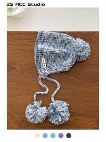 Mehrfarbige Bommel Gestrickte Beanie Mütze, Damen Winter Warm Winddicht Ohrenklappe Kapuze, Süße Handgemachte Bommel Strick Kappe, Herbst/Winter Warm Ohrenabdeckung Beanies mit Schnüren - Verschiedenfarbig - Übersicht 3