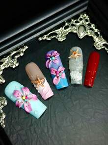 10pcs Glossy Y2K French Western Ocean Nail Art, Pink Nails, Red Nails, Light Blue Nails, Shiny Nails, 3D Handmade Starfish & Shell Decor, 3D Hand-Painted Wavy 3D Colorful Carved Rectangle Acrylic Nails, Perfect For Bikini Beach Matching. - 彩色 - 查看 11