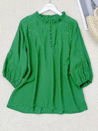 Women's Casual Shirt Embroidered Loose Boho Vintage Mid-Sleeve Blouse Solid Color Summer/Autumn/Spring Top