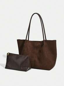 Dedoo 2025秋冬新款咖啡棕色绒面复古大容量单肩包，配有小包、腋下包，商务女士休闲时尚日常通勤包，适合工作、购物、约会、旅行、大学生等场合，女士包袋，日常使用。 - 咖啡 - 查看 3