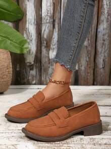 秋冬新款女士乐福鞋，复古学院风小皮鞋，棕色鞋，浅口学生鞋，一脚蹬女鞋，女士平底鞋，四季休闲通勤鞋 - 棕色 - 查看 2