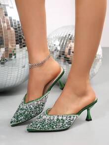 Tacones altos de mujer con puntera francesa, decorados con rhinestones, de estilo minimalista y elegante, apropiados para citas, ir al trabajo y viajes - Verde - Ver 7