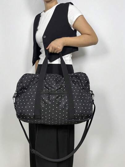 1 Peça Bolsa de Viagem Acolchoada Preta com Laço e Bolinhas, Dobrável e Portátil, Bolsa de Viagem de Negócios, Bolsa de Armazenamento, Bolsa Pós-Parto de Grande Capacidade, Bolsa de Mamãe, Bolsa Tote Feminina Multifuncional, Bolsa de Armazenamento de Roupas, Bolsa Portátil Multifuncional para Esportes e Fitness