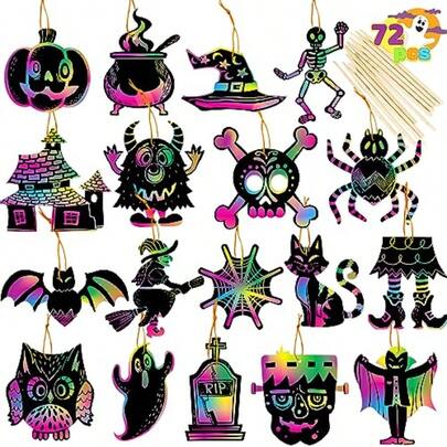 72 Pcs Halloween Rainbow Scratch Art Crafts For Kid Halloween Party Favors Scratch Off Paper With 18 Designs For Party Supplies Classroom Activities Game Goodies Gifts