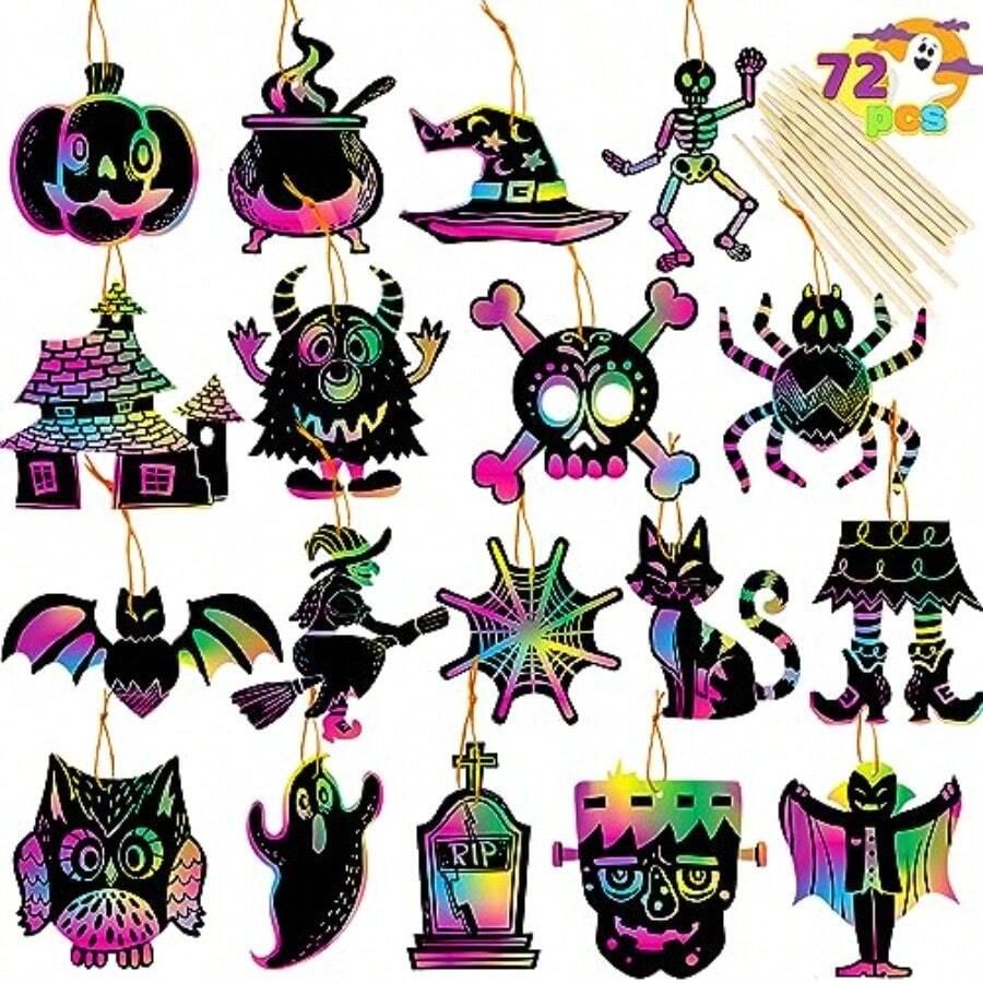 72 Pcs Halloween Rainbow Scratch Art Crafts For Kid Halloween Party Favors Scratch Off Paper With 18 Designs For Party Supplies Classroom Activities Game Goodies Gifts