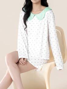 Conjunto de pijama feminino de 2 peças com estampa de bolinhas, blusa de manga comprida com gola Peter Pan e shorts. Roupa casual ideal para primavera, verão, outono, inverno e Dia dos Namorados. - Multicolorido - Ver 3