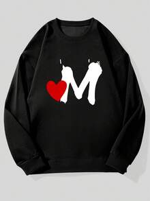 Men's Oversized Navy Blue Crewneck Sweatshirt With White M & Red Heart Lettering - Casual Loose Fit Sweater, Machine Washable, Valentine's Day Gift For Boyfriend Or Husband, Everyday Comfortable Pullover, Relaxed Round Neck Design, Solid Color With White Letter M And Red Heart Detail, Stylish And Versatile For Men's Fashion Men's Casual Warm Crewneck Sweatshirt For Winter - màu đen - Xem 12