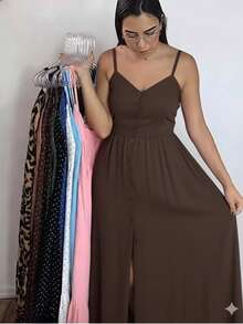 Long Dress In Viscose, Plain, Straps, Buttons In The Front, Cups And Lining. Elastex On The Back - Rust Brown - View 1