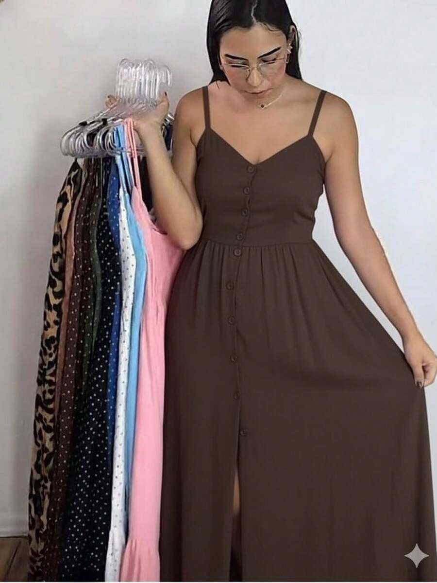 Long Dress In Viscose, Plain, Straps, Buttons In The Front, Cups And Lining. Elastex On The Back - Rust Brown - View 1
