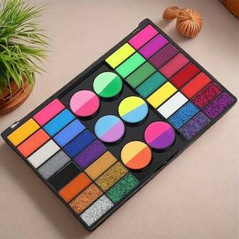 44色水性面部彩绘颜料套装，含画笔/哑光（多层）和荧光（浅色）颜料，适用于舞台表演、粉丝展览、DIY角色扮演服装