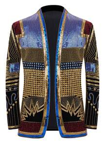 Men's Sequin Blazer, Floral Tuxedo Jacket, Lapel Suit For Party Wedding Banquet Prom - 黑色 - 查看 5