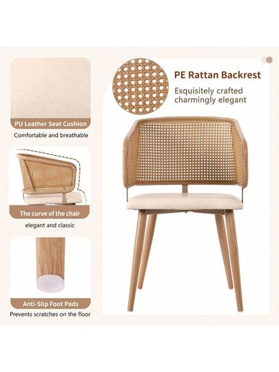 Dining Chairs, Chairs Rattan Backrest, PU Leather Seat Cushion, Com Tafel Breathable, Moderne Restaurants, Living Rooms Cafes view 7