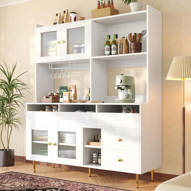 Tall Dining Room Cabinet (145 X 39 X 171) With Perforated Glass Doors, Wine Glass Rack, Multi-Level Storage, Elegant Black With Gold Decoration, Suitable For Dining Room Use (Previous Sku: N620P1915222324S) - White + MDF - View 11