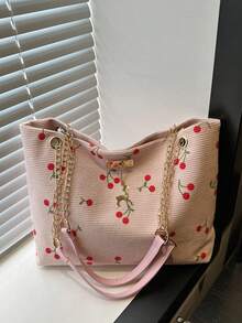 女士大容量手提包，别致链条单肩包，新款时尚腋下包，复古亚麻托特包 - 彩色 - 查看 16