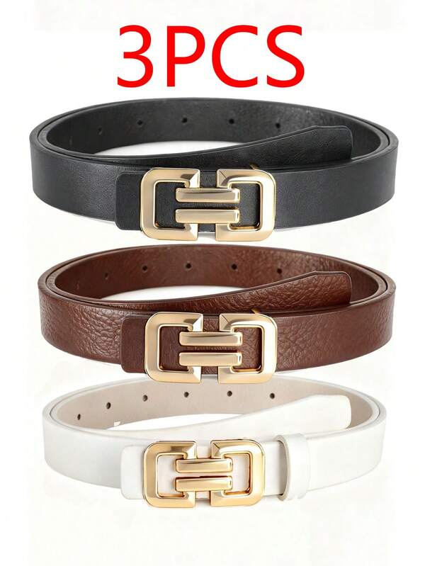 3 قطع/مجموعة أحزمة نسائية من جلد البولي يوريثان مع إبزيم لامع - إكسسوار متعدد الاستخدامات مناسب للربيع، يتناسب مع الجينز والفساتين والملابس الكاجوال الصيفية والمدرسية والخريف وعيد الهالوين