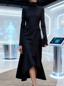 Women's Black Turtleneck A-Line Midi Dress - Asymmetric Hem Pockets Long Sleeve Formal Office All-Season - màu đen - Xem 1
