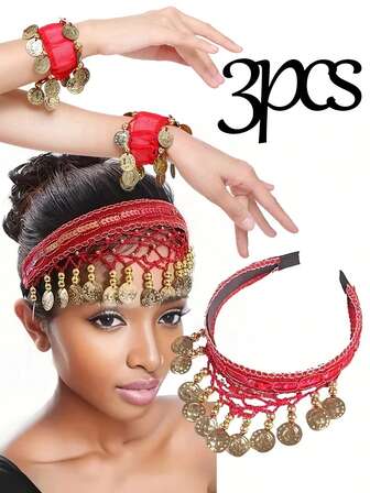 3 Piecesbelly Dance Set Accessories, Dance Chiffon Wrist Chains, Folk Dance Belly Dance Hair Accessories, Stage Performance Costume Accessories, No Feathers, Party, Chiffon Coin Tambourine Bracelet, Belly Dance Costume Accessories