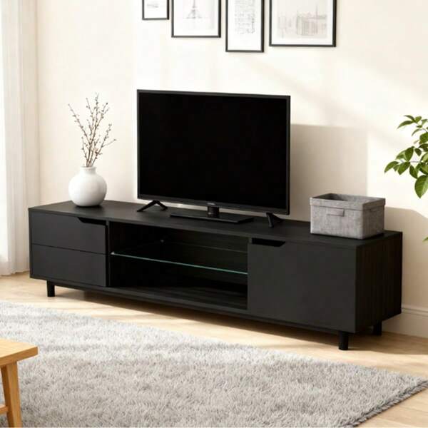 60" Modern TV Stand With 2 Cabinet Doors & 2 Shelves, Grey Engineered Wood Media Console