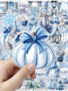 51 delar akvarell vinterklistermärken, blåvita snögubbe-snöflingor och mysiga djur i hattar, dekaler, för dagbok, gratulationskort, scrapbooking och presentdekor, julklistermärken