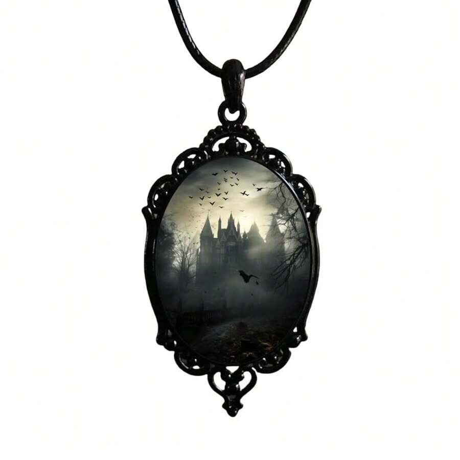 PINK TOWN Gothic Raven Castle Pendant Necklace,Vintage Cameo Glass Pendant Necklace Punk Style Victorian Choker Necklace Goth Raven Cabochon Choker Mystic Witch Halloween Jewelry For Women{Inchcolor_nameinch:Inch4483inch} - 4483 - 查看 1