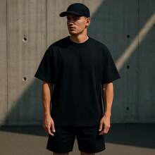 Men's Oversized Streetwear Plain T-Shirt, Combed Cotton Suedine, 100% Cotton - màu đen - Xem 3