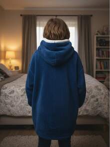 Sudadera Cobija para Niño/Niña con Diseño de Manzana-  Hoodie Manta Suave, Calientita, Oversize para Invierno y Descanso en Casa - Azul - Ver 2