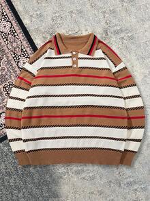 Men's Casual Loose Retro Color Block Polo Collar Button Knitted Sweater, Versatile Commuting Lazy High-End Pullover Long Sleeve Knitwear, Autumn/Winter