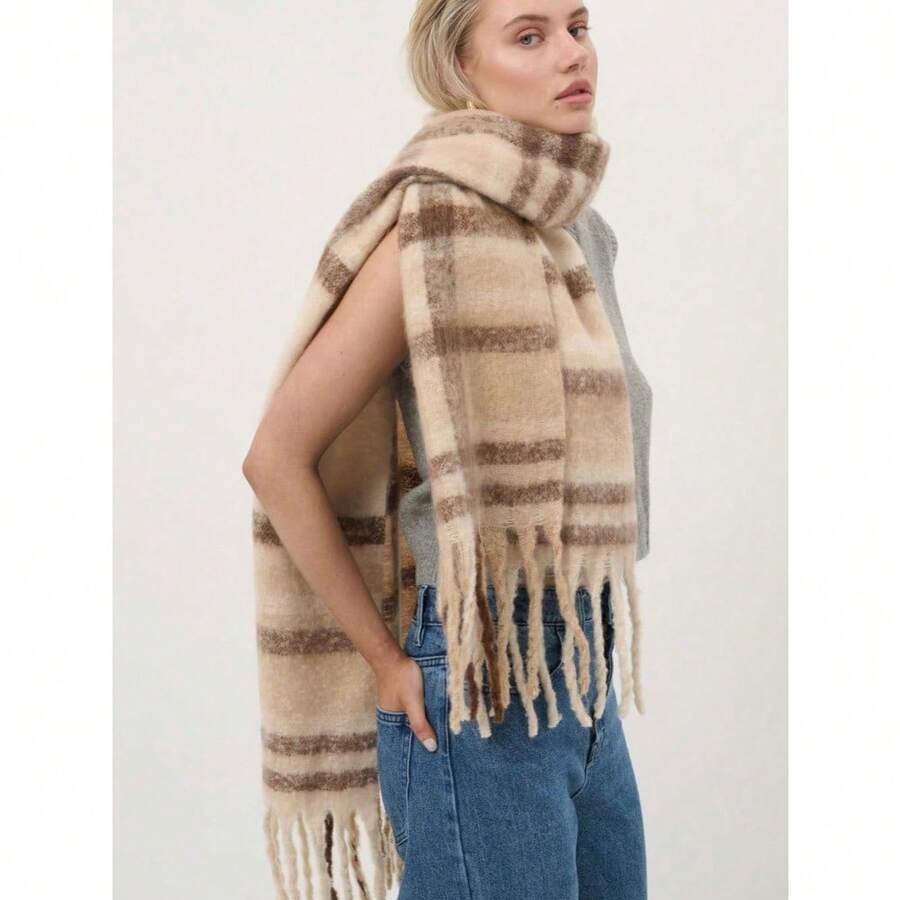 1pc Women's Autumn/Winter New Plush Tassel Scarf, Warm And Comfortable Large Shawl, Windproof And Warm For Outdoor, Simple And Versatile For Daily Wear Women Winter Scarves - Màu Khaki - Xem 1