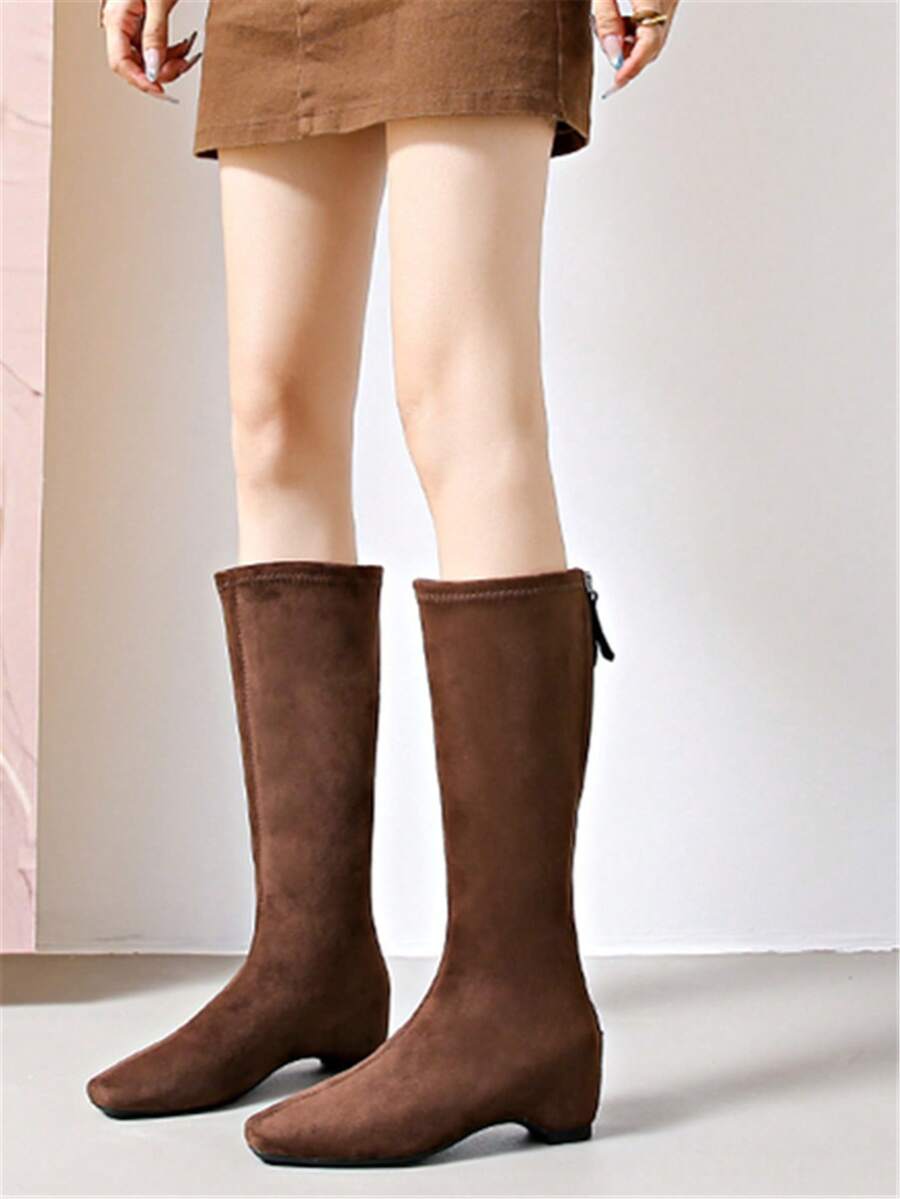 Women's Fashion Square Toe Casual Commuter Boots With Back Zipper, Suede Finish, Available In Camel, Black, Brown, Ankle High, Suitable For Winter - Brown - View 1