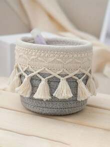 Chic Tasseled Storage Basket For Home Office And Living Room - Minimalist Retro Desk Organizer And Cosmetic/Makeup Storage, Pen Holder, Jewelry And Small Item Organizer, Woven Indoor Decorative Basket For Tidy Spaces, Multipurpose Utility For Vanity, Study Desk, Craft Room, And Gift Ideas For Spring Festival, Lightweight Design, Soft-Tone Decor, Versatile Storage Solution For Office Supplies, Accessories, And Personal Care Products - Multicolor - View 12