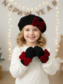 2pcs New Year Hat Set, Christmas Hat Set, Pink Velvet Bow Beret Hat + Gloves Set For Kids, Warm Beret Hat + Gloves Set For Autumn/Winter - 2 Pcs - View 5