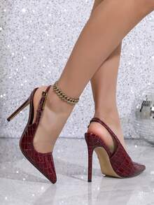 Women's Shiny Stone Texture Buckle Stiletto High Heels, Burgundy Color, 2025 New Arrival,Stilletos Heels - Burgundy - View 4