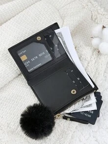 SOUTHLAND&KANGAROO This Foldable Small Wallet With A Pom-Pom Charm And Black Letter Details Is Lightweight And Portable, Suitable For Credit Cards, Keys, And Other Items. It Is Fashionable And Cute, Making It A Great Gift For Birthdays, Christmas, Anniversaries, And Suitable For Women, Girls, Ladies, Business Professionals, Students, Dorm Supplies, And Back-To-School Essentials. - Black - View 7