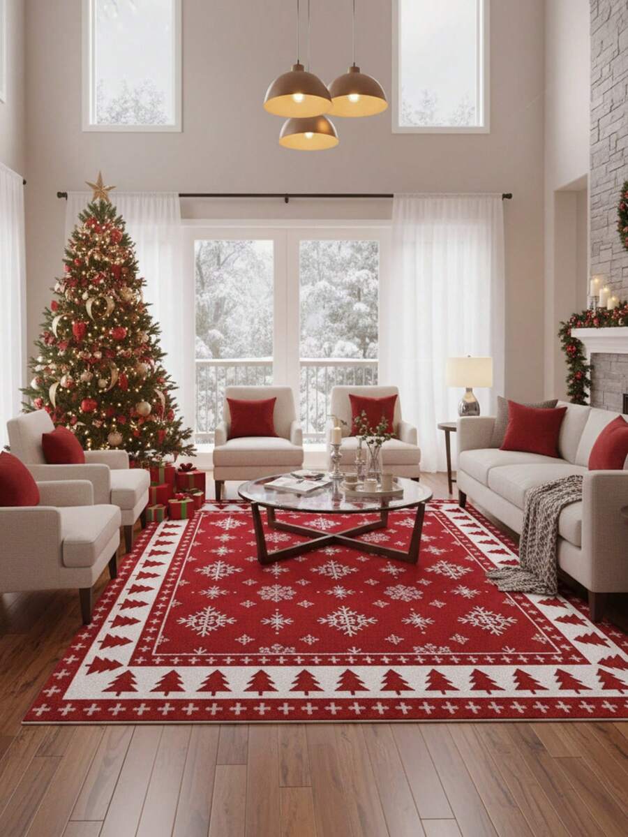 1pc Christmas Carpet, Red Snowflake Design Decorative Carpet, Suitable For Living Room Carpet, Rug, Living Room Area Rug, Area Small Rug, Mat, Home Decor, Large Living Room Carpet, Round Carpet, Living Room Home Decor, Room Decor, Washable Carpet, Plush Carpet, Furry Carpet, Autumn/Winter Carpet, Thick/Plush Kitchen Rug