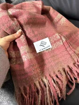 1pc Soft Blush Plaid Tassel Scarf Women's Cozy Retro Gradient Wool-Blend Winter Accessory