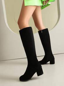 Women's Comfortable Chunky Heel Over-The-Knee Boots, PU Leather Tight Fitting High Shaft Casual Mid-Heel Riding Boots, Side Zipper Tall Boots, Solid Color Versatile Knee-High Boots For Commuting - Black - View 2