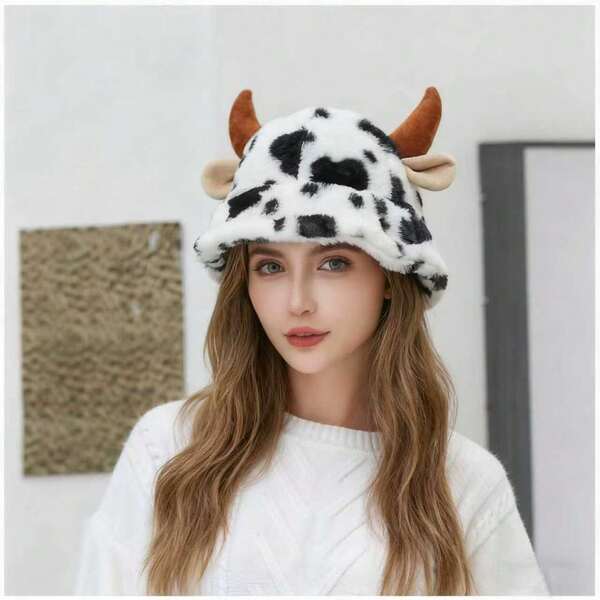 1pc Cow Print Faux Horn Bucket Hat, Printed, Fashionable, Fluffy, Warm For Women Winter Warm