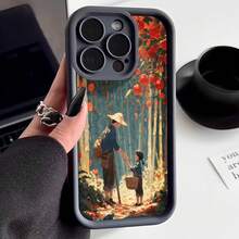 Cubierta de teléfono con diseño de arte japonés estilo Studio  en color negro con impresión de bosque de bambú y personajes caminando bajo frutas rojas ideal para uso diario y protección del dispositivo - Negro - Ver 1