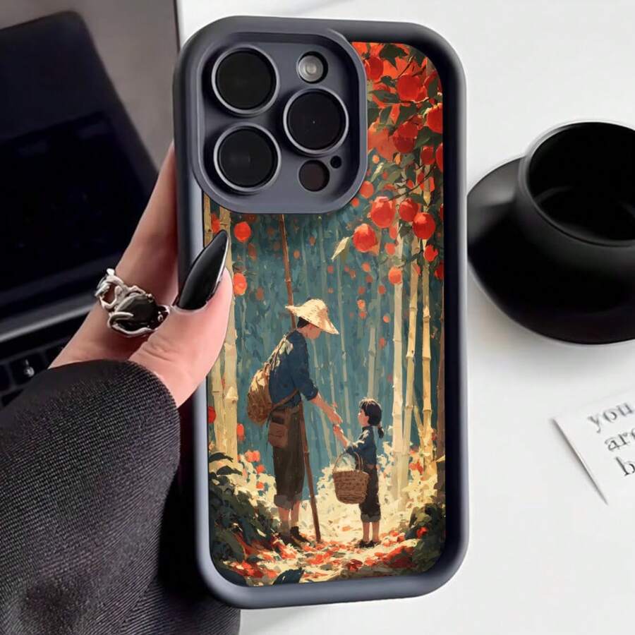 Cubierta de teléfono con diseño de arte japonés estilo Studio en color negro con impresión de bosque de bambú y personajes caminando bajo frutas rojas ideal para uso diario y protección del dispositivo - Negro - Ver 1