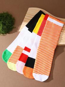 5 Pairs Multicolor Mid-Calf Gift Socks, Unisex & Couples, Soft Sushi Design, Creative Food-Inspired Patterns, Comfortable & Versatile, Suitable For Birthday, Valentine's Day, Easter, Ramadan, Dates, Family Gatherings, Parties, Unique & Fashionable Casual Wear - Multicolor - View 7