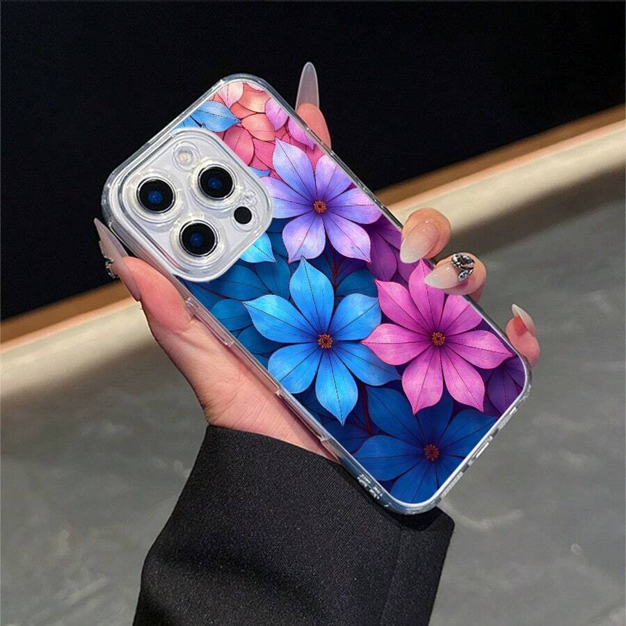 CLEAR CASE Vibrant Blue And Pink Flowers Create A Colorful Floral PatternCompatible With 11 To 17 Models The Cases Lens Protection Function Ensures The Camera Remains Undamaged During Shooting Guaranteeing Image Quality - Clear - View 1