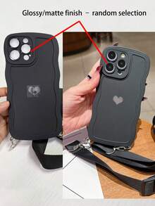 Heart-Shaped Sticker With Wavy Border, Solid Color Phone Case With Lanyard, Waterproof, Shockproof, Anti-Fall, Anti-Scratch - Black - View 5