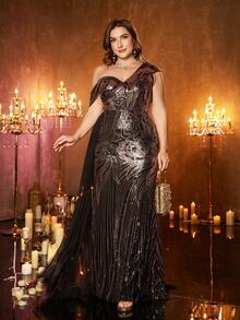 UNITHORSE [Random Cut] Plus Size Women Asymmetric Neck Sequin Contrast Mesh Fabric Flounce Decor Fitted Maxi Evening Dress - Black - View 2