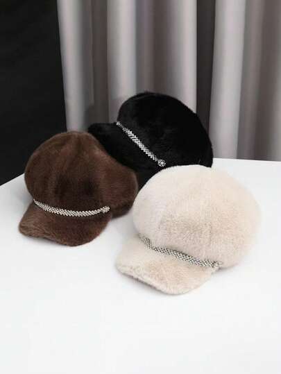 1pc Autumn/Winter New Newsboy Cap, Women's Winter Wear, Faux Mink Fur Octagonal Hat, Beret, High-End Fashionable Warm Ear Protection Headwear